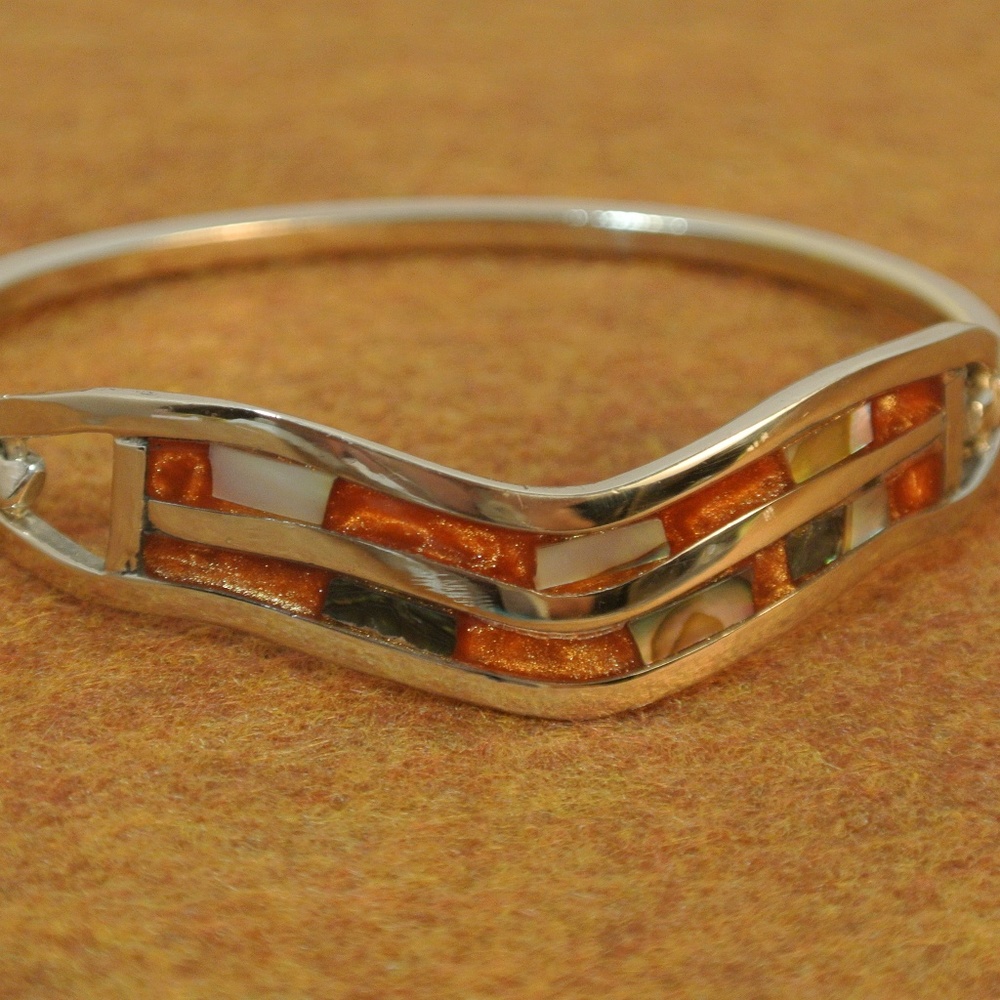Silver, abalone inlay bangle bracelet